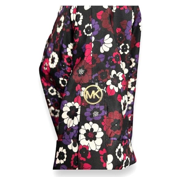 Michael Kors L Azalea Floral Black Blouse Roll Tab Sleeve Gold Button Retro Boho - Picture 8 of 11